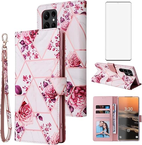 Asuwish Funda compatible con Samsung Galaxy S23 Ultra 5G y protector de pantalla de vidrio templado, funda de cuero con función atril para teléfono