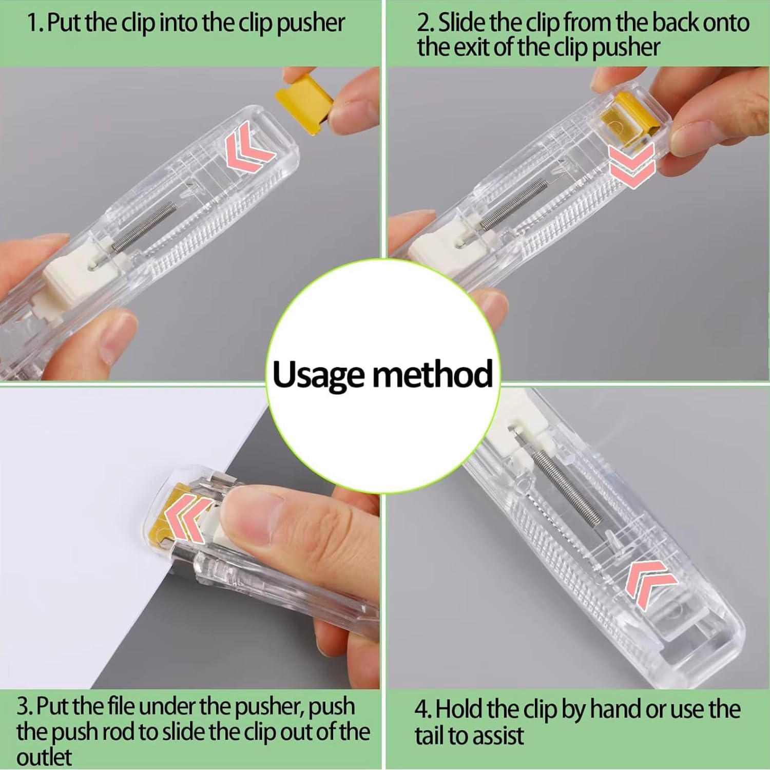 2 Stück Reusable Creative Stapler, Push Clamp Stapler Holder, Binder Clip Tacker mit 100 Edelstahlklammern, tragbarer Clips Spender für Büro, Schule, Zuhause & unterwegs (A)