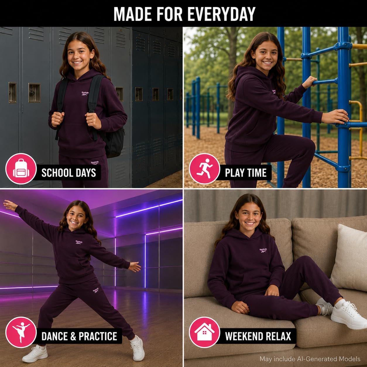 Reebok da Set 2 pezzi felpa con cappuccio tuta e pantaloni della per ragazze