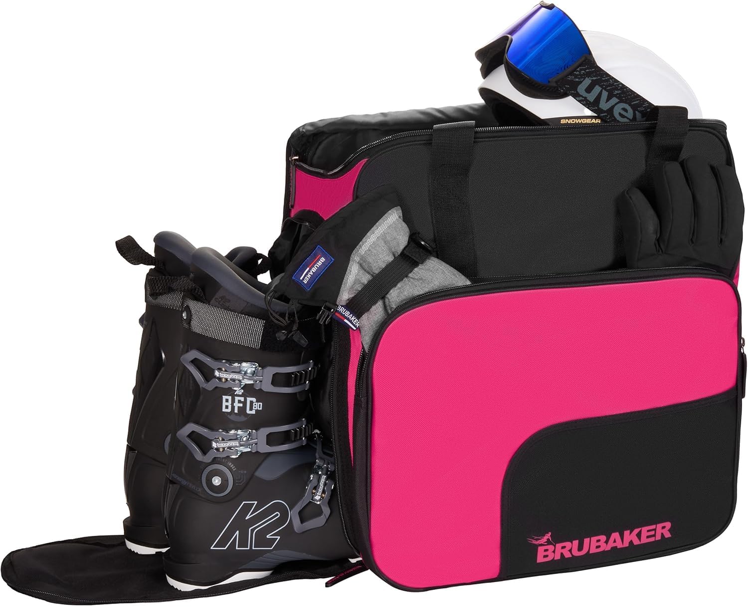 BRUBAKER Superfunction -Limited Edition - Combo Ski Boot Bag and Ski Bag for 1 Pair of Ski, Poles, Boots and Helmet - Dark Pink Black