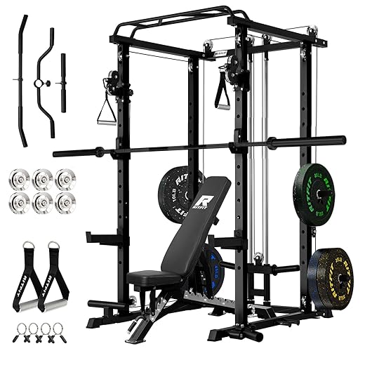 RitFit Garage & Home Gym Package Includes Optional 1000LBS Power Cage with LAT Pull Down,Weight Bench, Barbell Set with Olympic Barbell (Package 1.2K (Rubber Plate 140LBS))-Orange