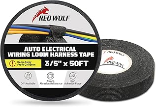 RED WOLF Wire Loom Harness Cloth Tape Electric Self-Adhesive Fabric Tape High Temp for Automobile Electrical Harness Wrap Noise Damping Protection Insulation Cable Fixed 2 Rolls Black 3/5 Inch x 50FT