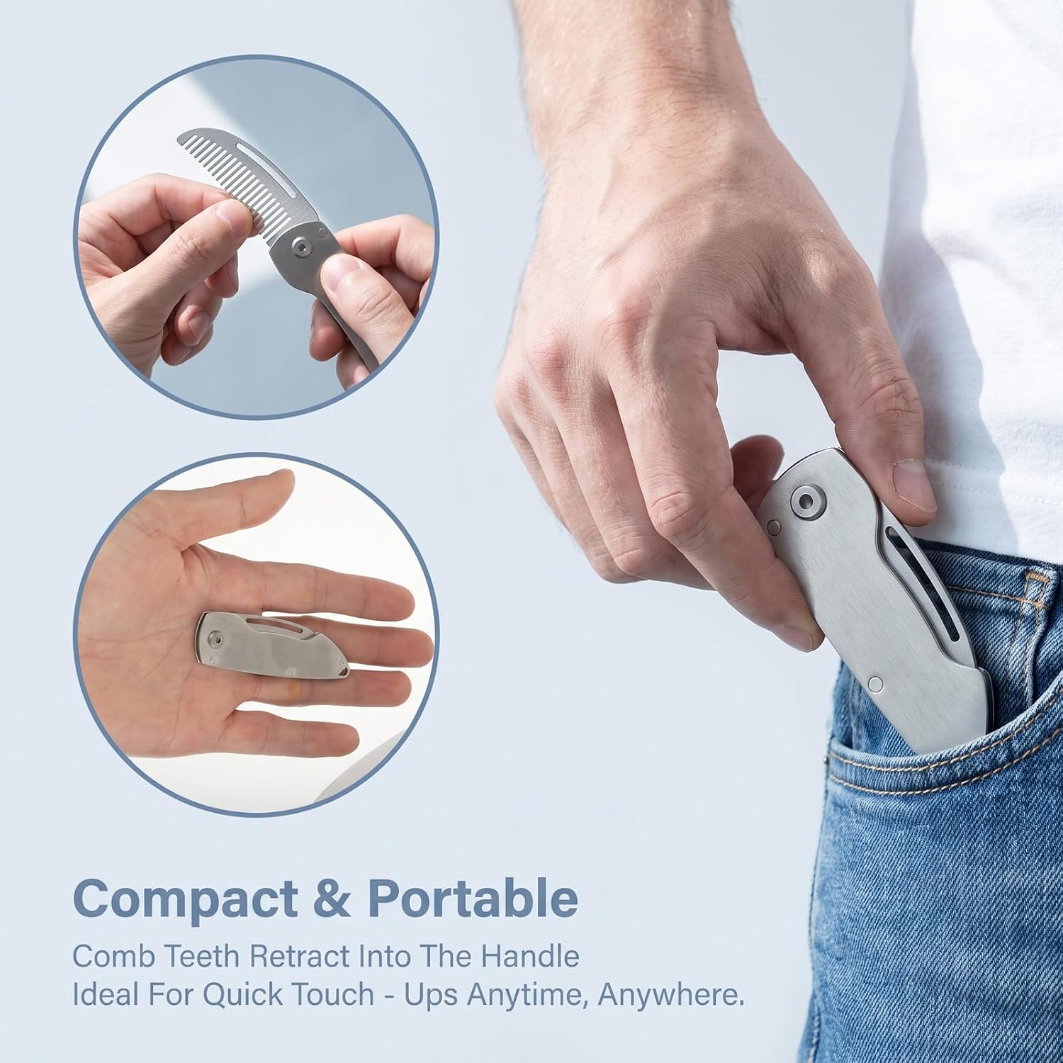 Small Folding Mustache Comb, Anti-Static Stainless Steel Comb for Men