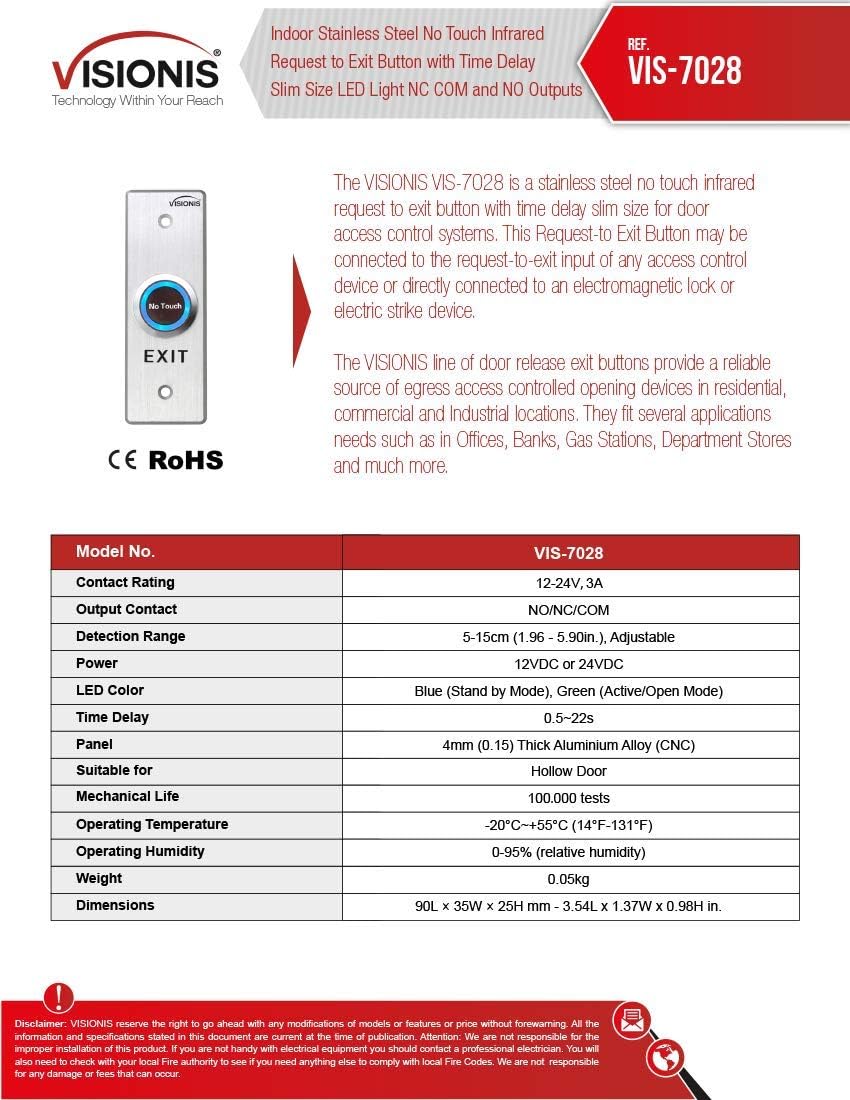Visionis VIS-7028 Indoor Stainless Steel No Touch Infrared Request to Exit Button with Time Delay Slim LED NC COM and NO Outputs