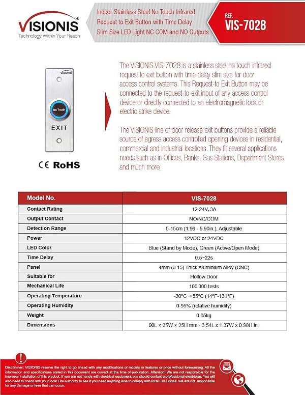 Indoor Stainless Steel No Touch Infrared Request to Exit Button with Time Delay Slim LED NC COM and NO Outputs VIS-7028 Visionis by Visionis - Image 6