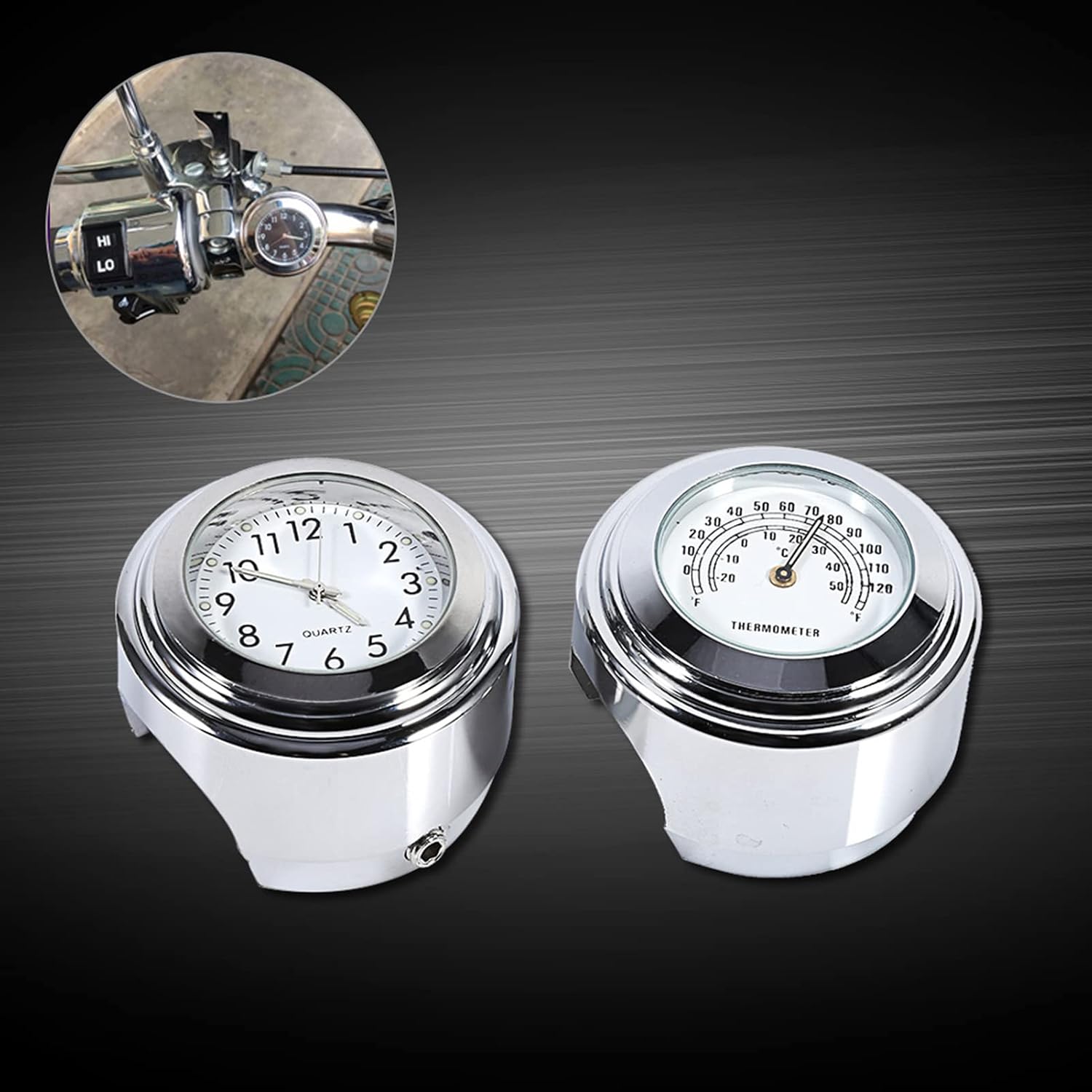 Universal Motorcycle Handlebar Clock, 7/8" 1" Motorcycle Handlebar Mount Watch Dial Clock & Thermometer Temp with a Luminous Dial for Most of Motorcycles Cruiser Chopper