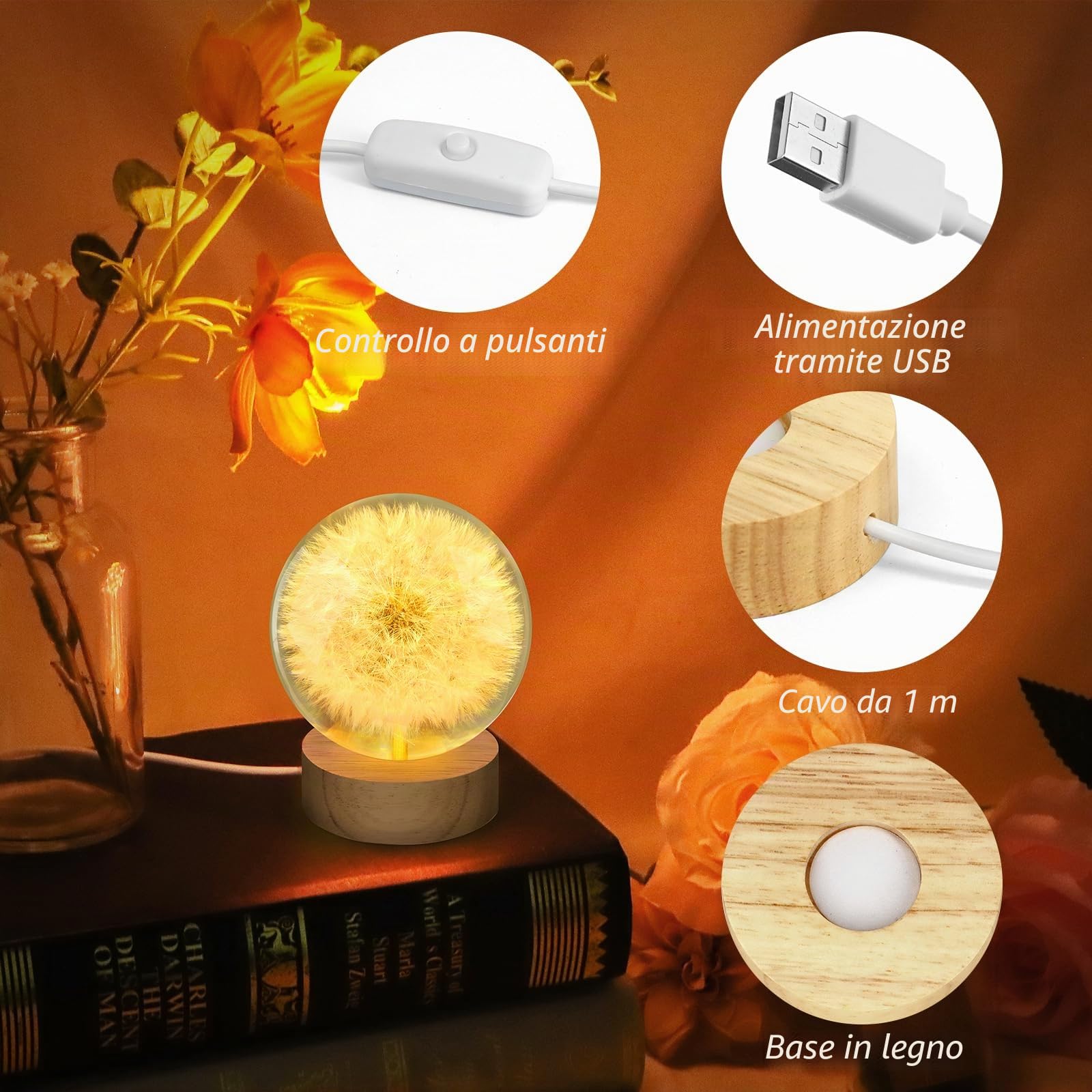 TUZELIYA Wisherfülller - Sfera di cristallo da 7 cm con base USB in legno, vero leone in vetro, regalo di compleanno per donne, regalo di compleanno, matrimonio, festa della mamma