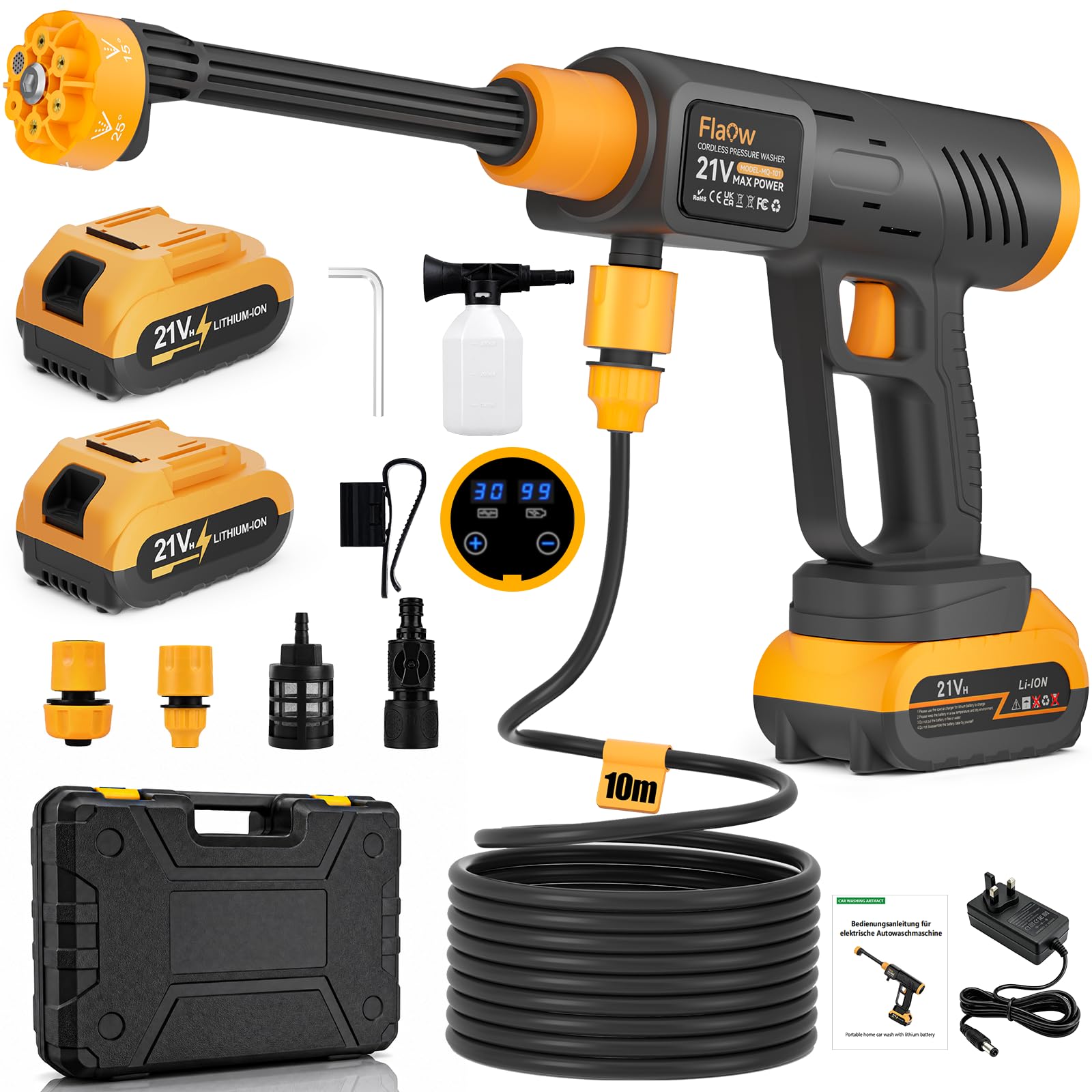 Cordless Pressure Washer, 21V 1160 PSI Portable Pressure Washer 8000 mAh Battery & 10 Meter Hose, 6-in-1 Adjustable Nozzle, Touchscreen Pressure Washer for Car, Floor, Garden Cleaning, Watering