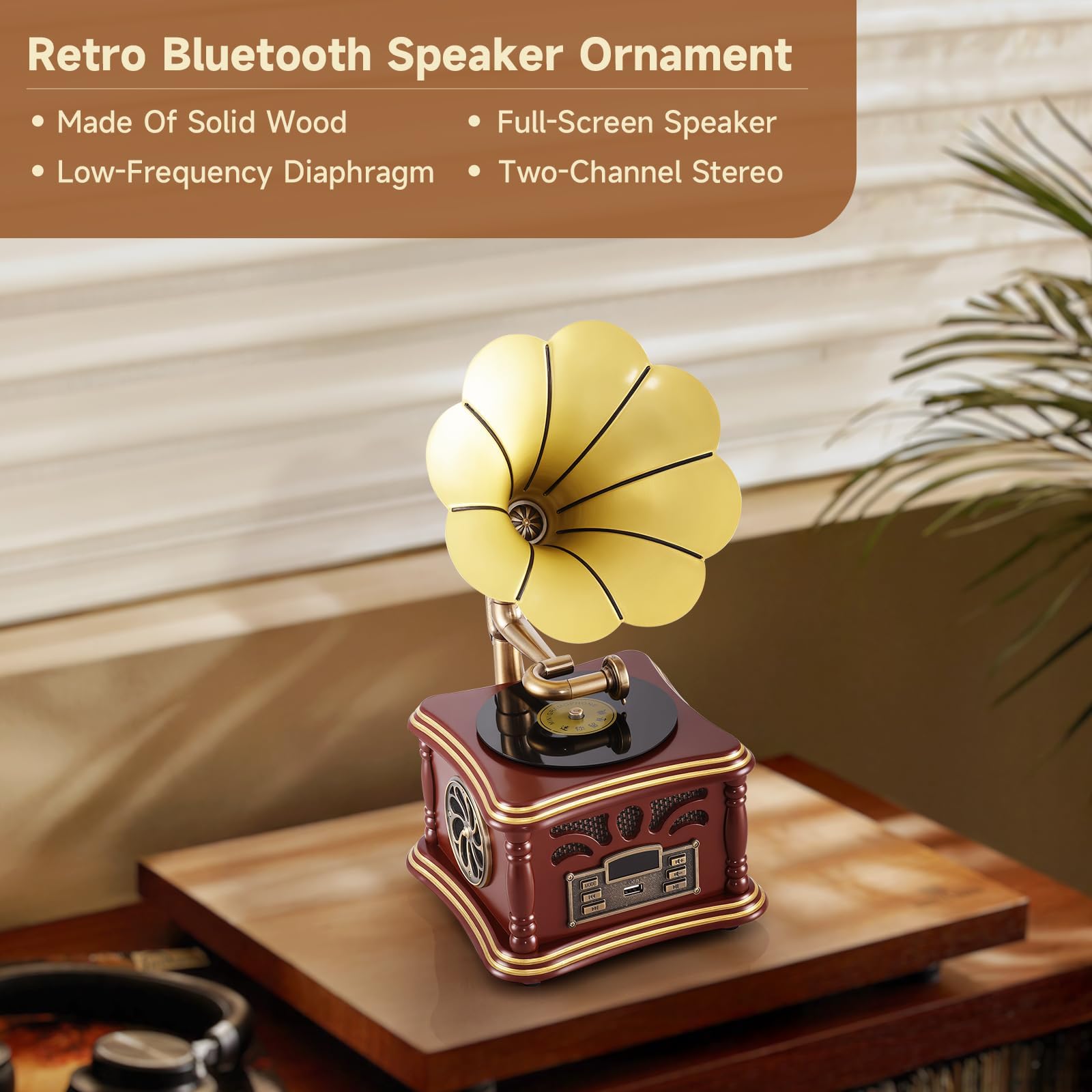 Haut-Parleur Bluetooth Rétro, Ornements de Maison en Cuivre Et Bois Massif, Radio FM, en Forme de Gramophone, pour Les Amateurs de Musique