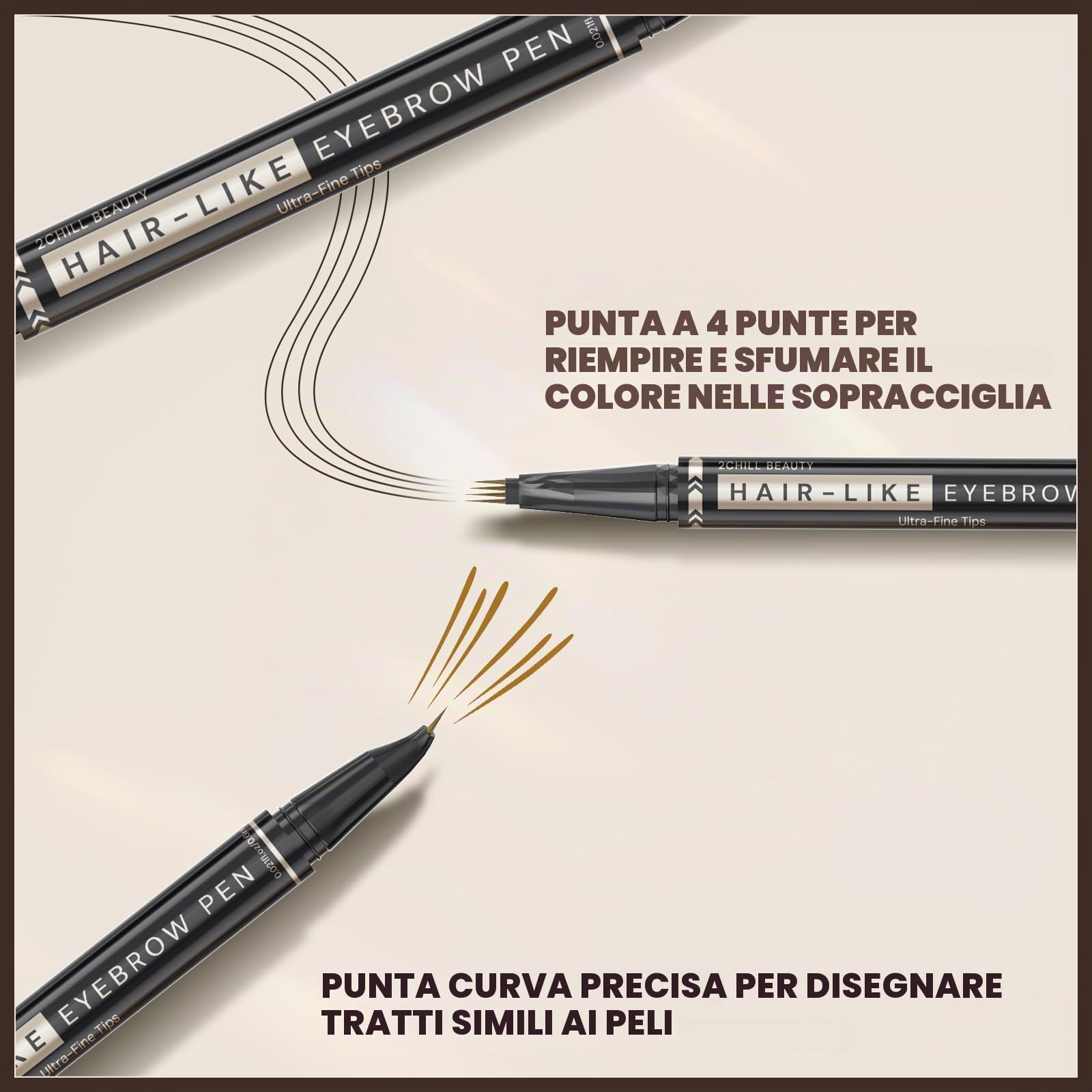 2CHILL Matita per Sopracciglia Curva a 30°, Penna per Sopracciglia Professionale 2 in 1, Penna per Sopracciglia Waterproof a 4 Punte, Microblading Intenso per Donne, Trucco a Lunga Tenuta (Marrone
