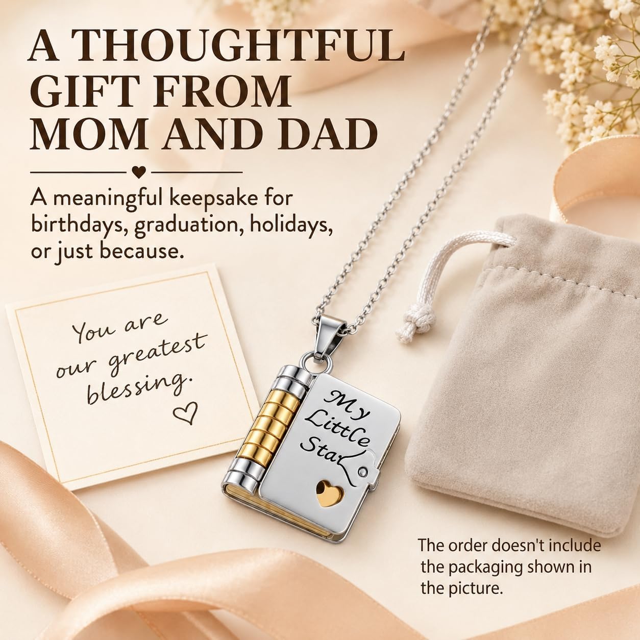 My Little Star Book Necklace for Daughter, Openable 6-Page Pendant with Engraved Love Message, Adjustable Stainless Steel Keepsake Jewelry Gift from Mom and Dad for Birthday Graduation, by Sooshoom