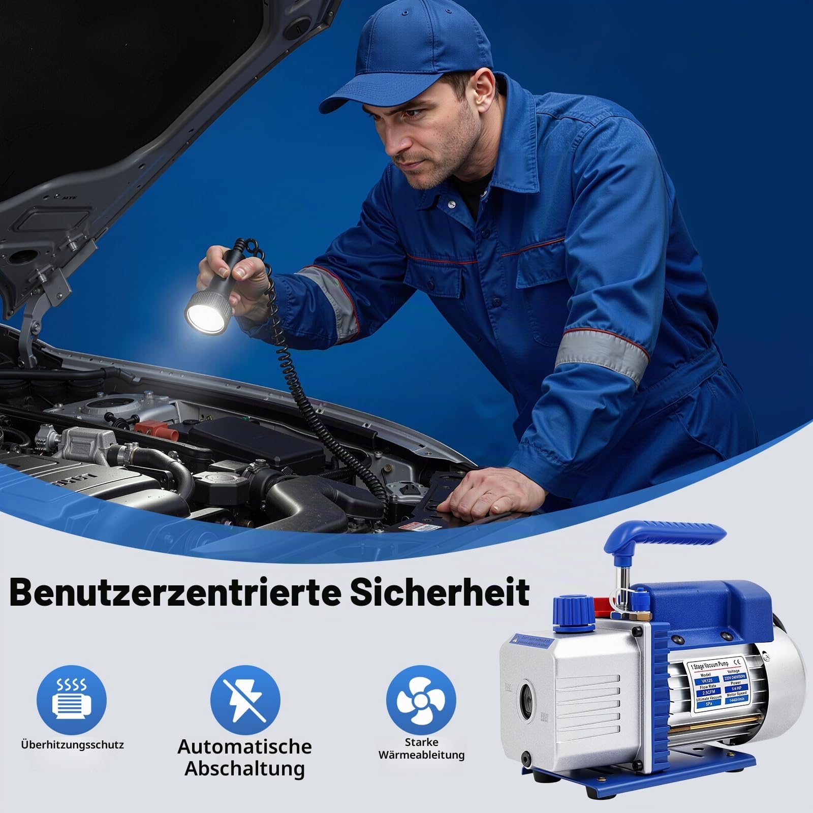 Vakuumpumpe Klimaanlage 180W, Profi Vakuumpumpe Set mit 3 Schläuchen & Manometer, 150 Mikron für R32/R134a/R410a, 1/4" Anschluss, Ideal als Unterdruckpumpe für Kfz und Klimaservice