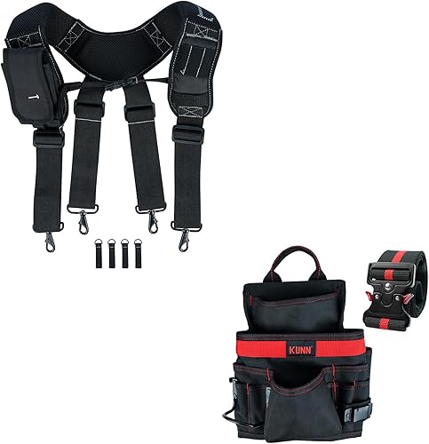 KUNN Tirantes de cinturón de herramientas acolchado para cinturón de construcción y bolsa de carpintero con 10 bolsillos