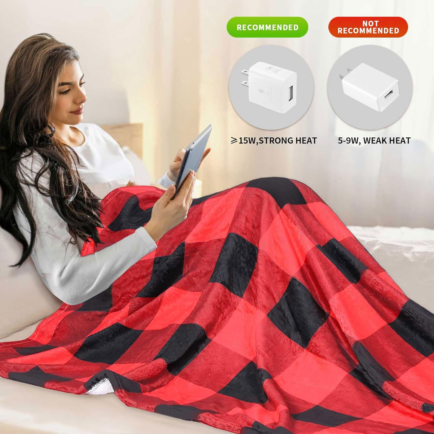 USB Electric Heated Checkered Throw Blanket USB Heating Red and Black Blanket for Women 50" X 60" with 3 Heating Levels