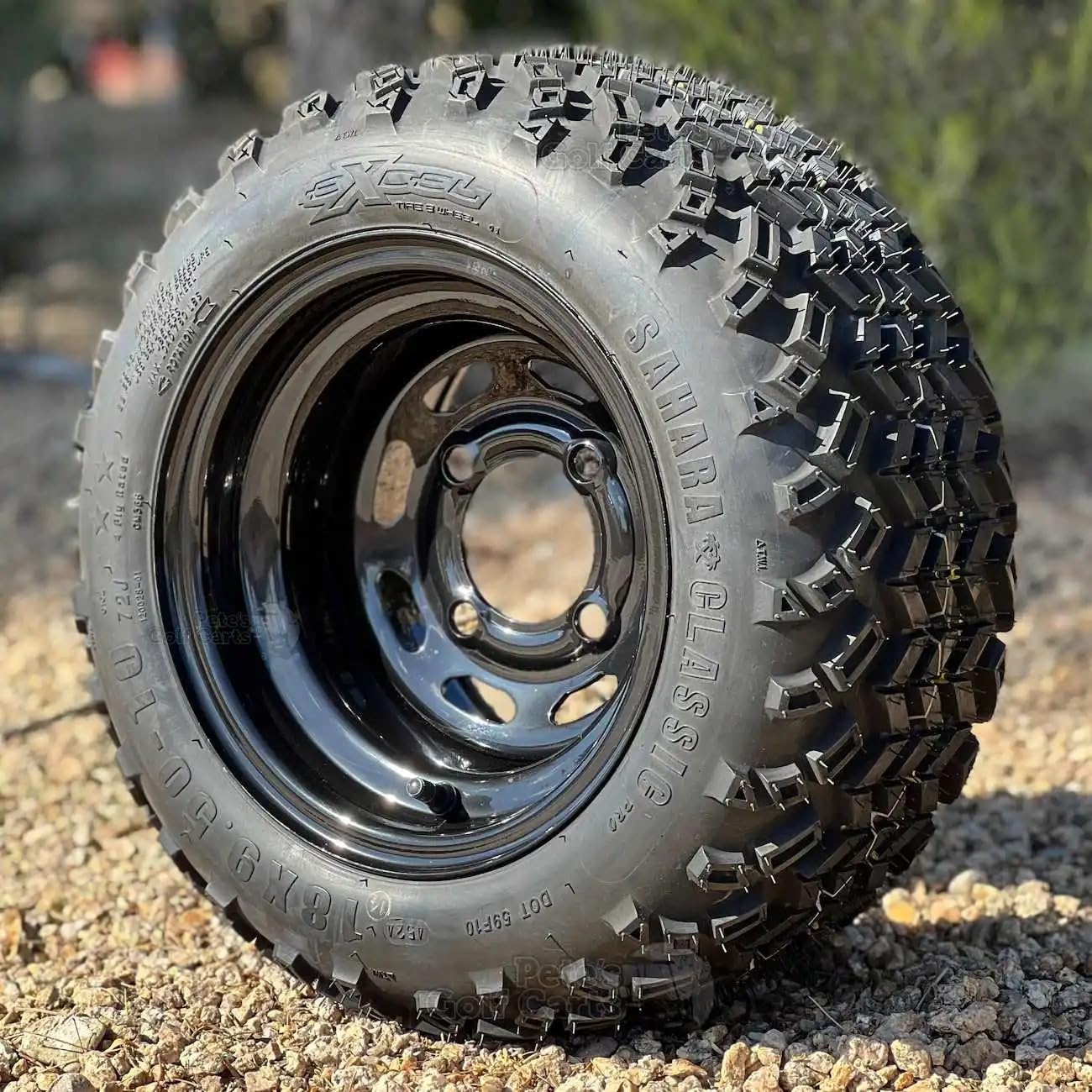 10″ Black Steel Golf Cart Wheels and 18x9.5-10 Excel Sahara Classic DOT All Terrain Tires (18″ tall - Fits All Carts!) (Pair of 2 Mounted Assemblies)