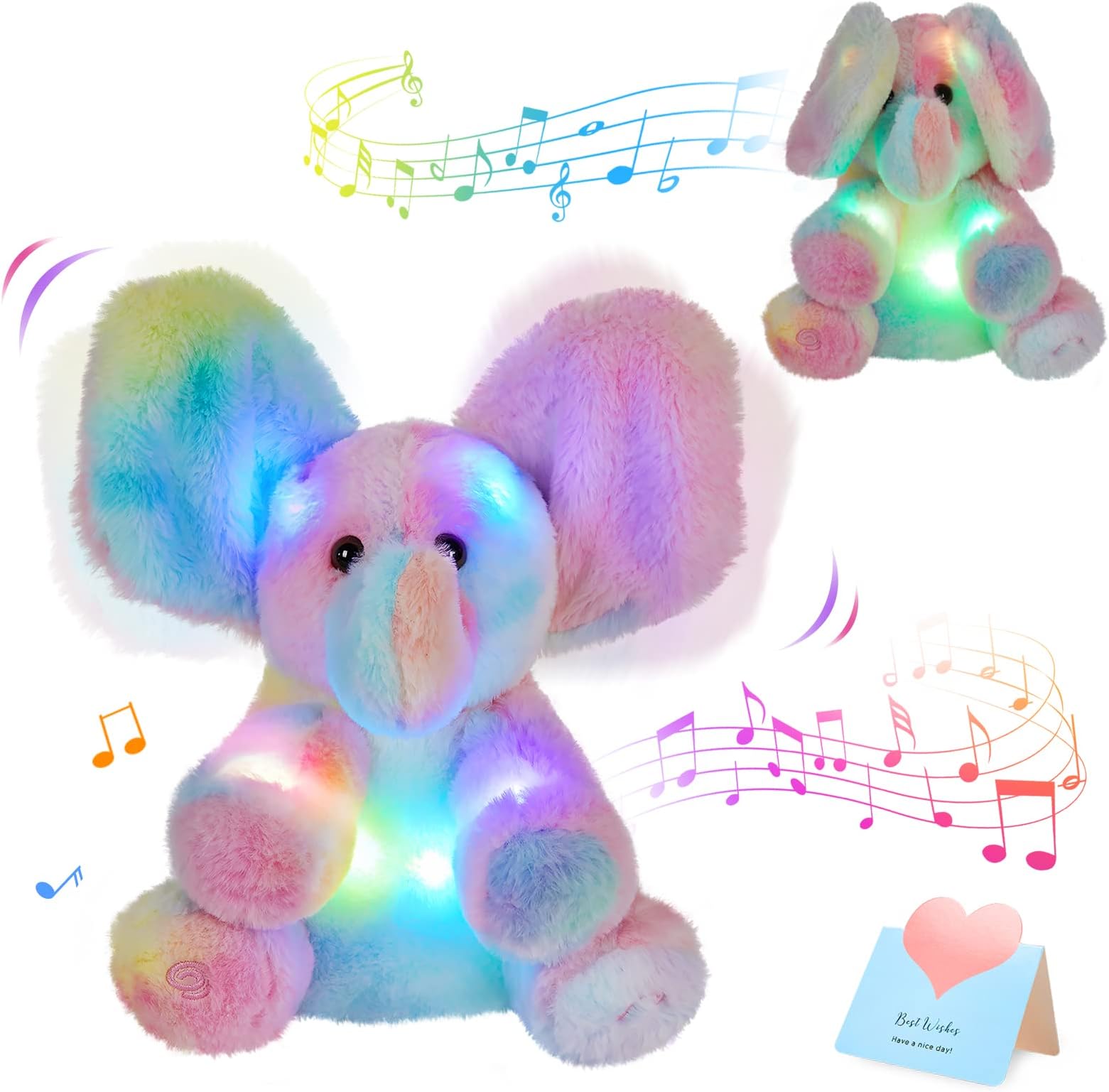 Glow Guards 12'' Light up Peek-a-Boo Elephant Stuffed Animal Musical Rainbow Elephant Singing Stuffed Animal Electric Interactive Toys Christmas Holiday Birthday Gifts for Toddler Kids