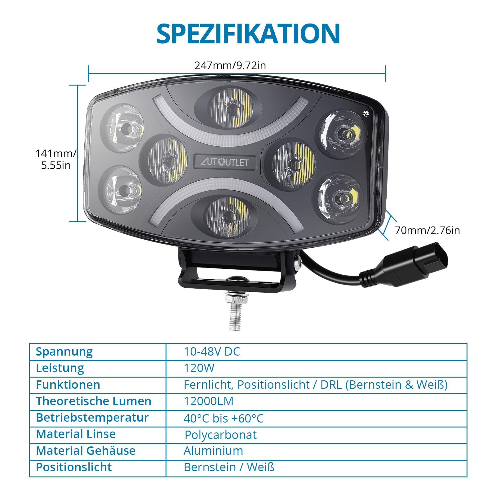AUTOUTLET LED Arbeitsscheinwerfer, 10" LED Fernscheinwerfer 10-48V, 120W 12000LM Zusatzscheinwerfer ECE Zulassung IP67 Wasserdicht, Weiß Amber Tagesfahrlicht Offroad Scheinwerfer für Traktor LKW SUV