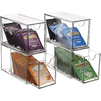 Oga 4 Transparent Tea Bag Organiser Acrylic Tea Box with Drawers