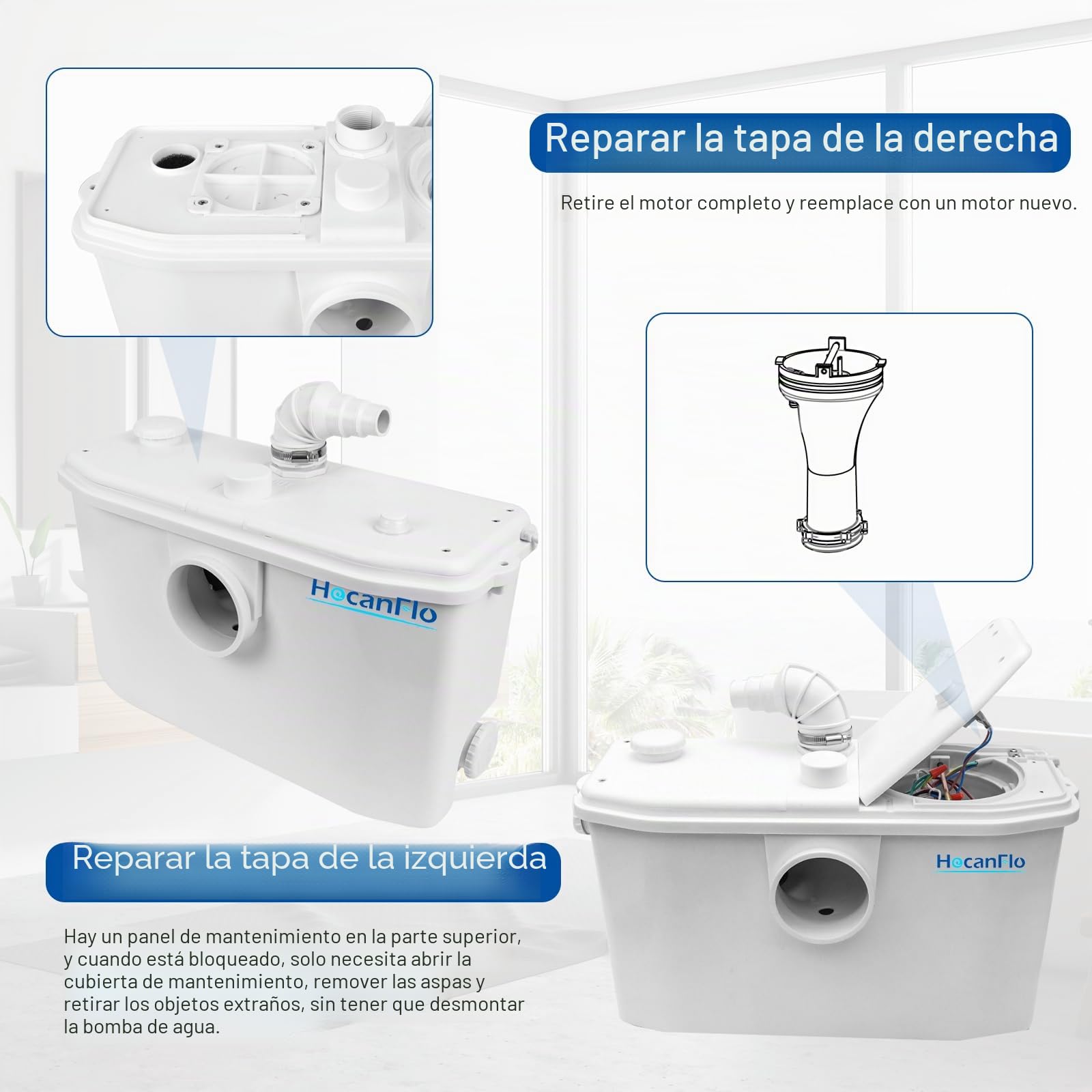 750W Trituradora sanitaria, bomba automática para eliminar las aguas residuales, silenciosa, 4 entradas y 2 desagües de Agua para Inodoro Cocina Ducha