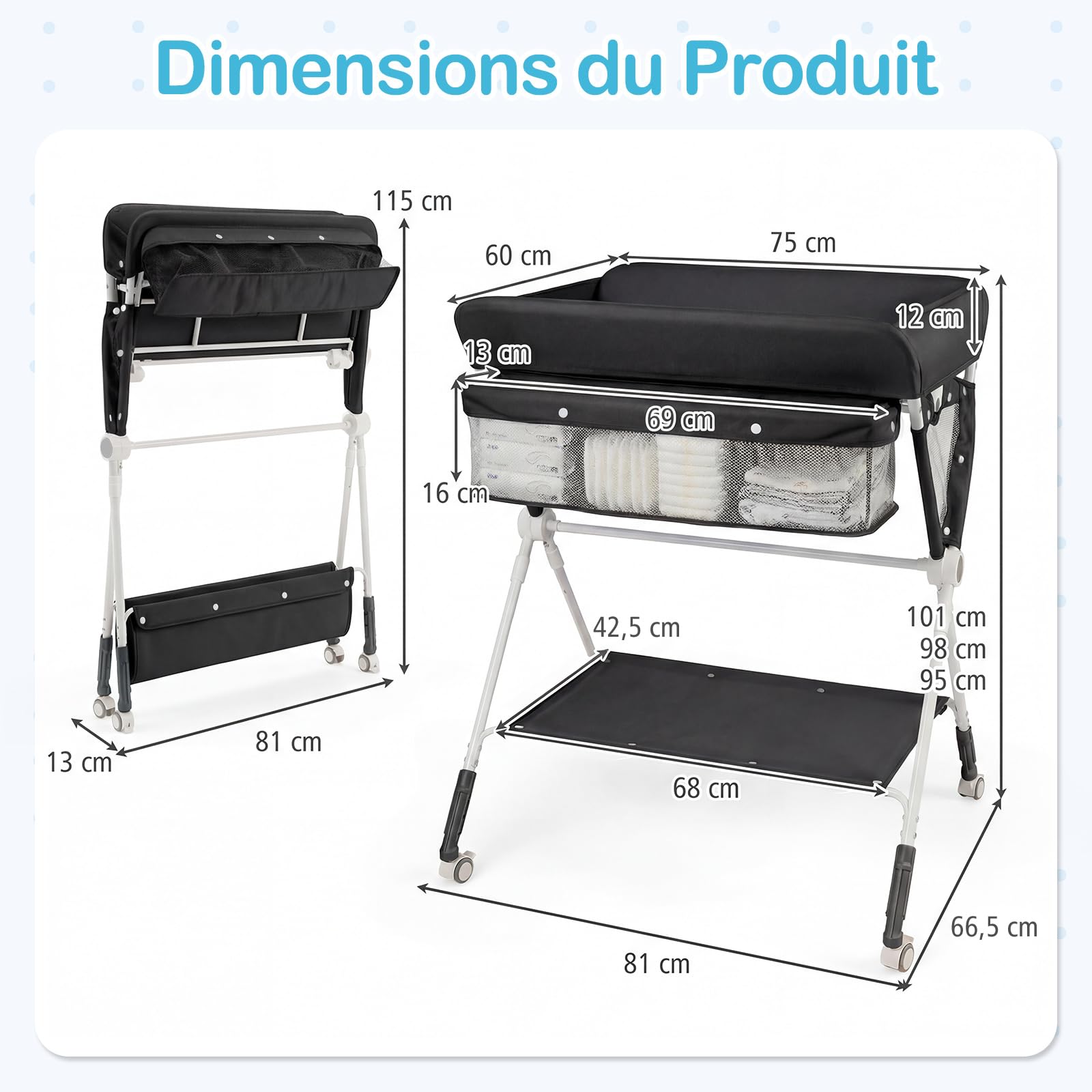 COSTWAY Table à Langer Pliante pour Bébé, Table à Langer Portable Réglable en Hauteur sur 3 Niveaux avec Roulettes Étagère et Panier, Station Organiseur Mobile pour Nouveau-nés (Noir)