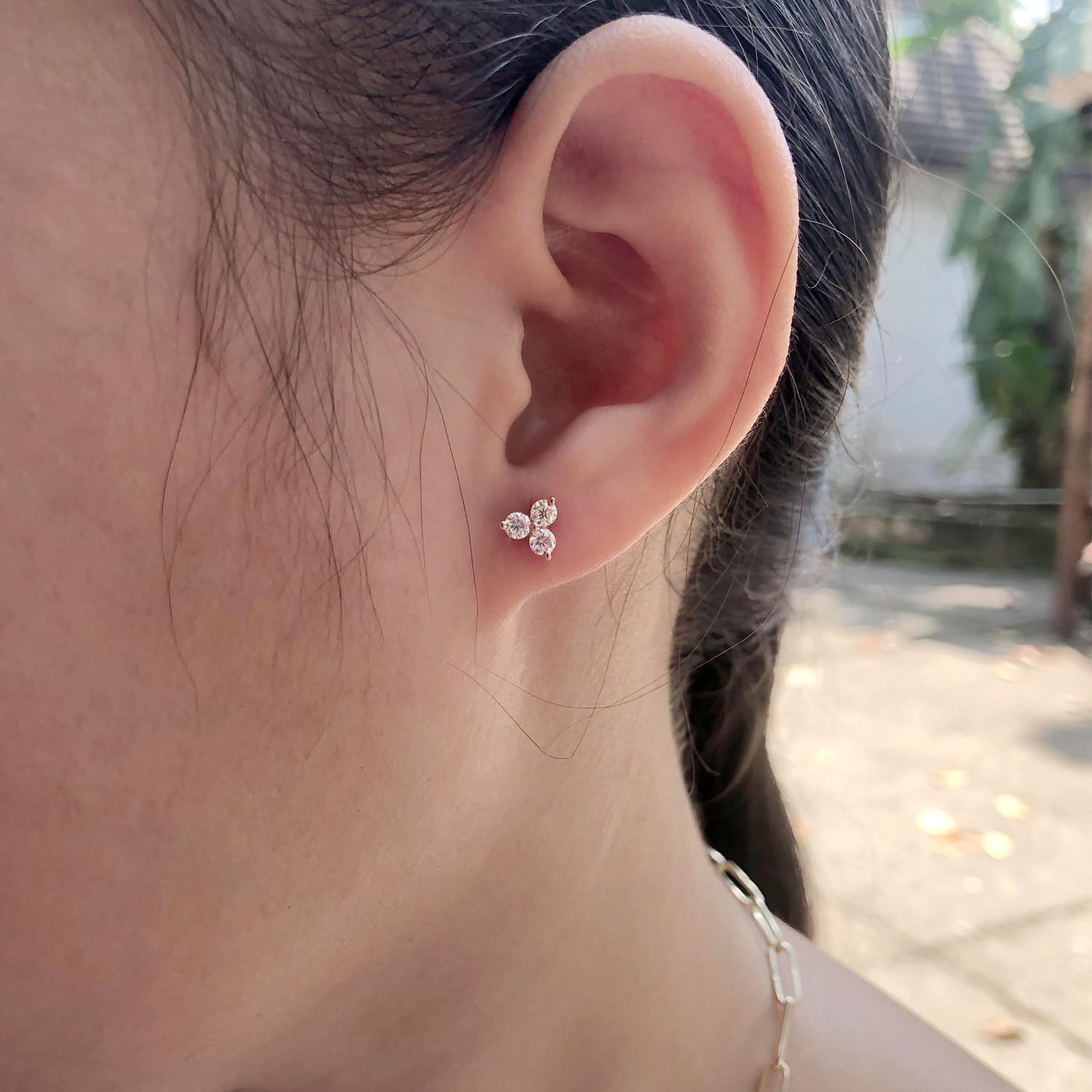 3-Stone Stud Earring for Women Round Lab Created Moissanite or Lab Grown Diamond Cluster studs in 14k Gold Plated 925 Sterling Silver Jewelry