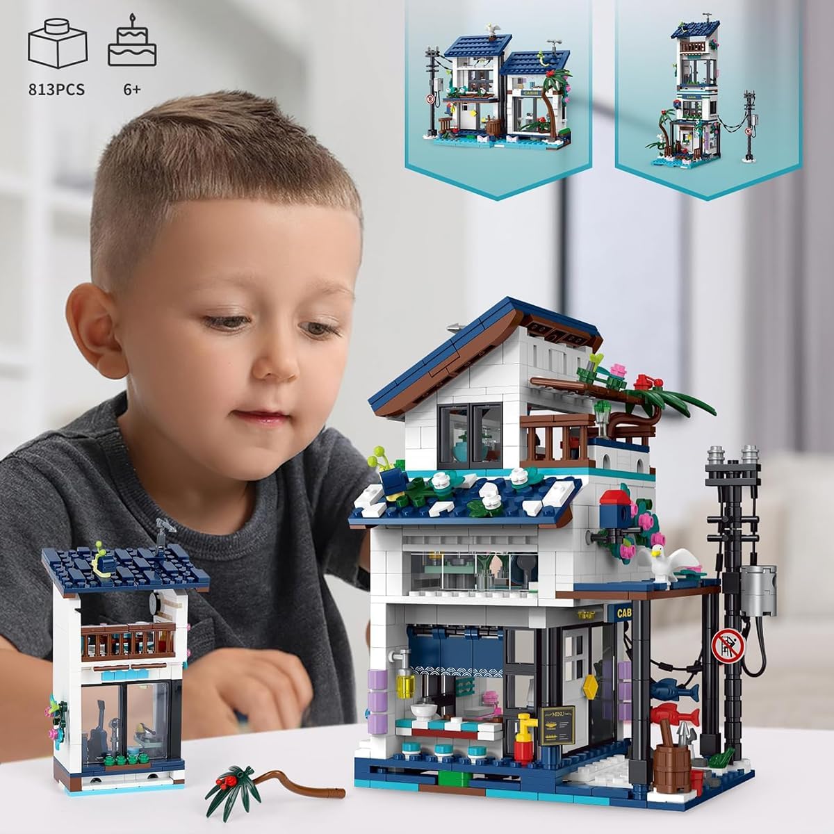 Conjunto de Blocos de Montar Construção de Casa de Praia - Modelo de Construção 3 em 1, Compatível com Blocos de 4,9 mm