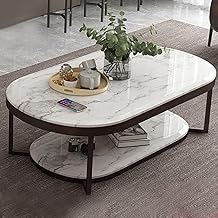 طاولة مركزية سما بيضاوية الشكل من الصلب من ايه ار كورنر بأبعاد 50 سم × 100 سم × ارتفاع 45 سم، مصنوعة من الصلب مع طلاء أسود الكتروستاتيكي ورخام كارارا أبيض على سطحها