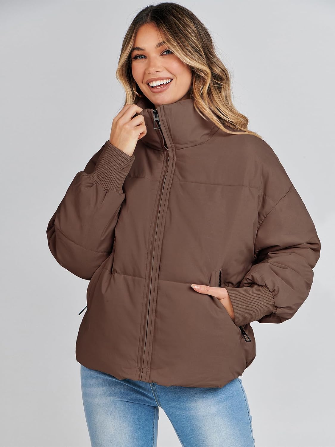 MEROKEETY Women’s 2025 Winter Long Sleeve Zip Puffer Jacket Pockets Baggy Short Coats
