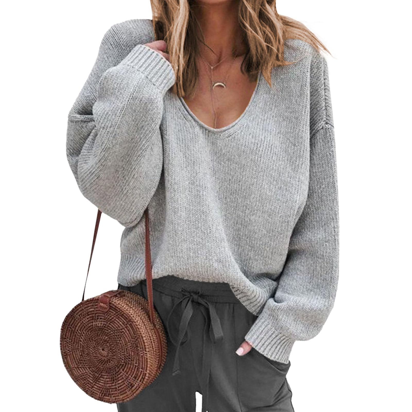 Womens Pullover Sweatshirt Womens V Neck Long Sleeve Knit Loose Oversized Pullover Sweater Top
