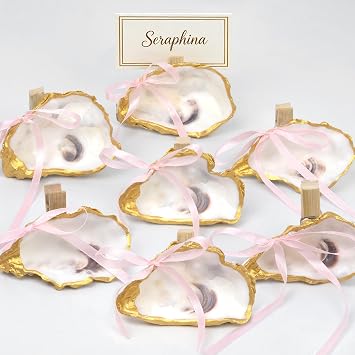 QEQEKAKA 6PCS Oyster Shells Place Card Holders Gold Plated Natural Seashell