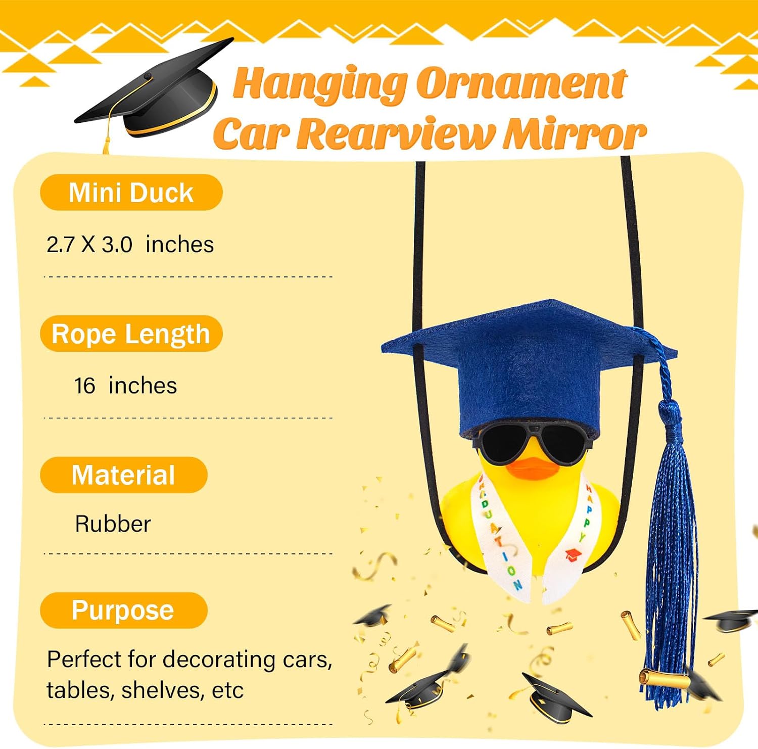 wonuu Graduation Swinging Rubber Duck with Stole Sash Sunglasses Grad Hat, Car Rearview Mirror Hanging Accessories Mini Ducky Ornament for Graduate Gifts, Dark Blue