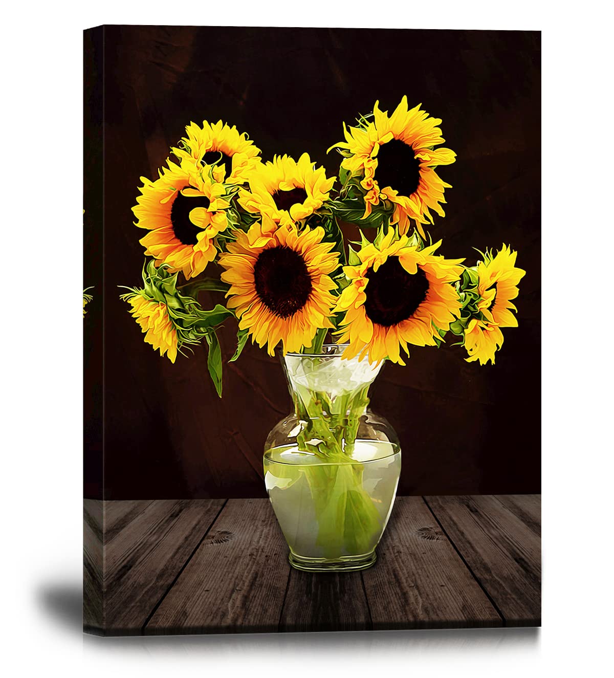 AOHART Sunflower Canvas Wall Art for Bathroom Bedroom Wall Decor Framed Blooming Yellow Flower Wall Decoration Dark Brown Wood Wall Picture for Living Room Sunflower Canvas Painting 12x16inch, Black