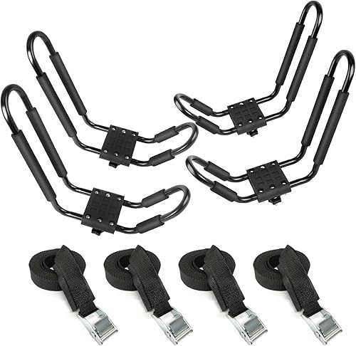 XCAR Juego de 2 pares de soportes universales para kayak, canoa y automóvil, portaequipajes con 4 correas para tabla Suif, kayak, canoa, SUP