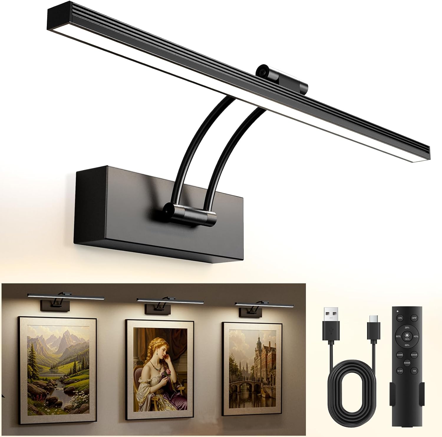 Rechargeable Picture Light for Wall, 16 Inch Magnetic Wireless Art Light with 5000mAh Battery, Remote with Wall Holder, 3 Color Temps Dimmable Timer, No Drill for Paintings(Black)