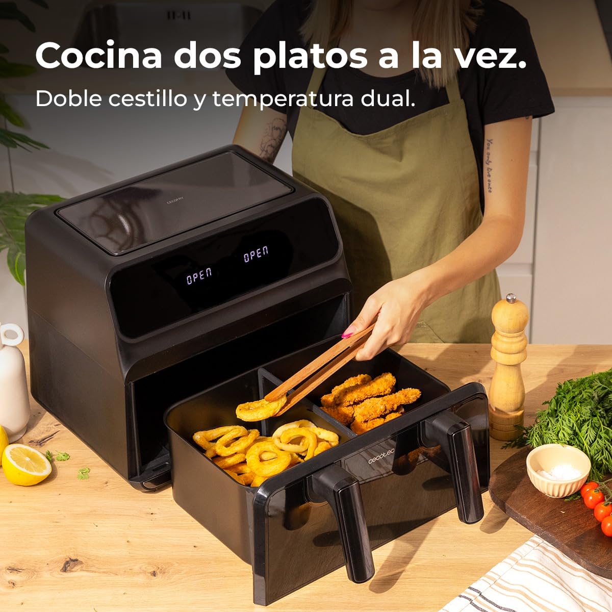 Cecotec Freidora de Aire 9 L Cecofry Advance 9000 Window Total 2200W | Temperatura Dual, Pared Divisoria Móvil, Ventana de Visualización, Tecnología PerfectCook, Control Digital, Función Dietética