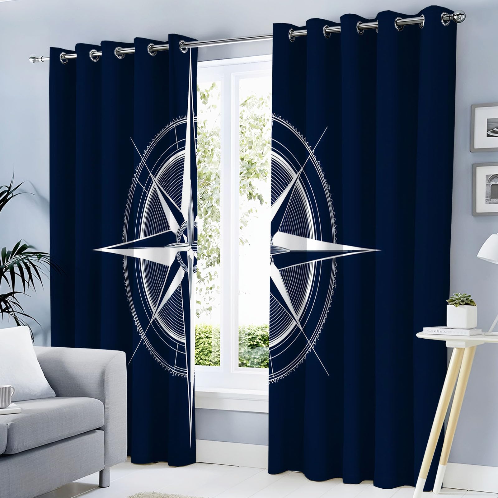Rideau Occultant Art Vectoriel, Décoration Bleu Marine, Rideau Thermique Motif Rose des Vents, Lot de 2 Rideaux Opaque à Oeillets pour Fenetre Chambre Salon, 140L X 225H cm