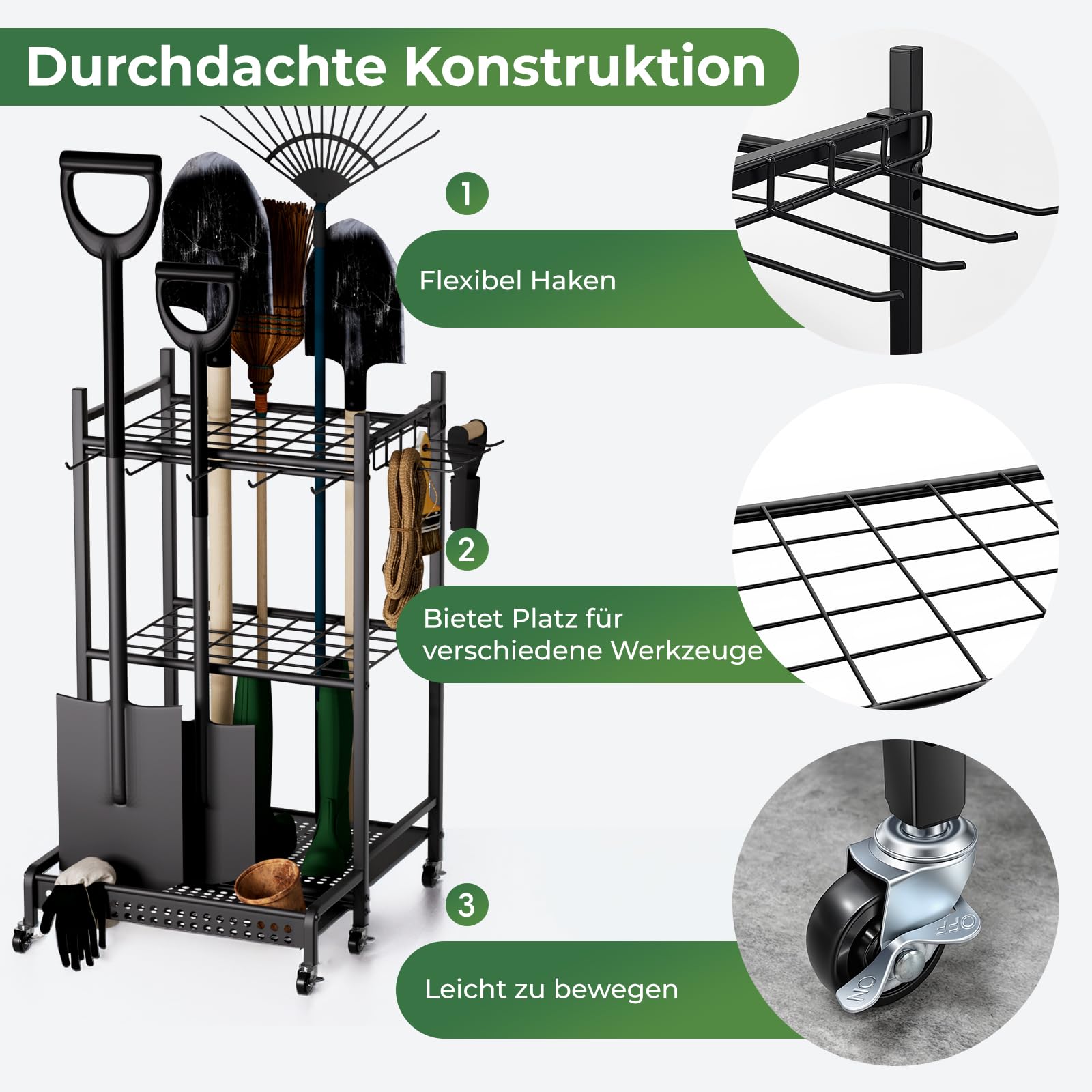 Gartenwerkzeug Organizer mit Rollen, Metall Gartengerätehalter Standregal