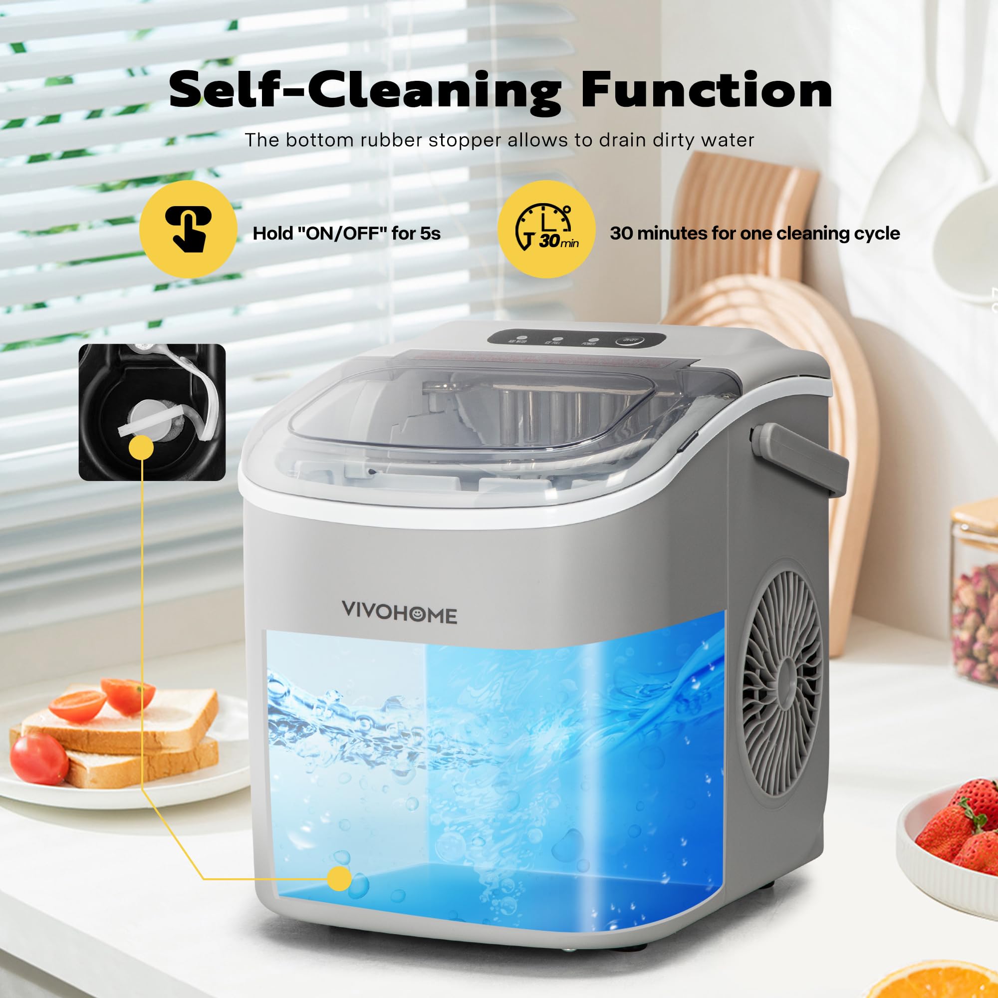 VIVOHOME Electric Portable Compact Countertop Automatic Ice Cube Maker Machine With Handle Hand Scoop 10 Ice Bags And Self Cleaning Function 26lbs/Day Silver on Fridge.com - View 6
