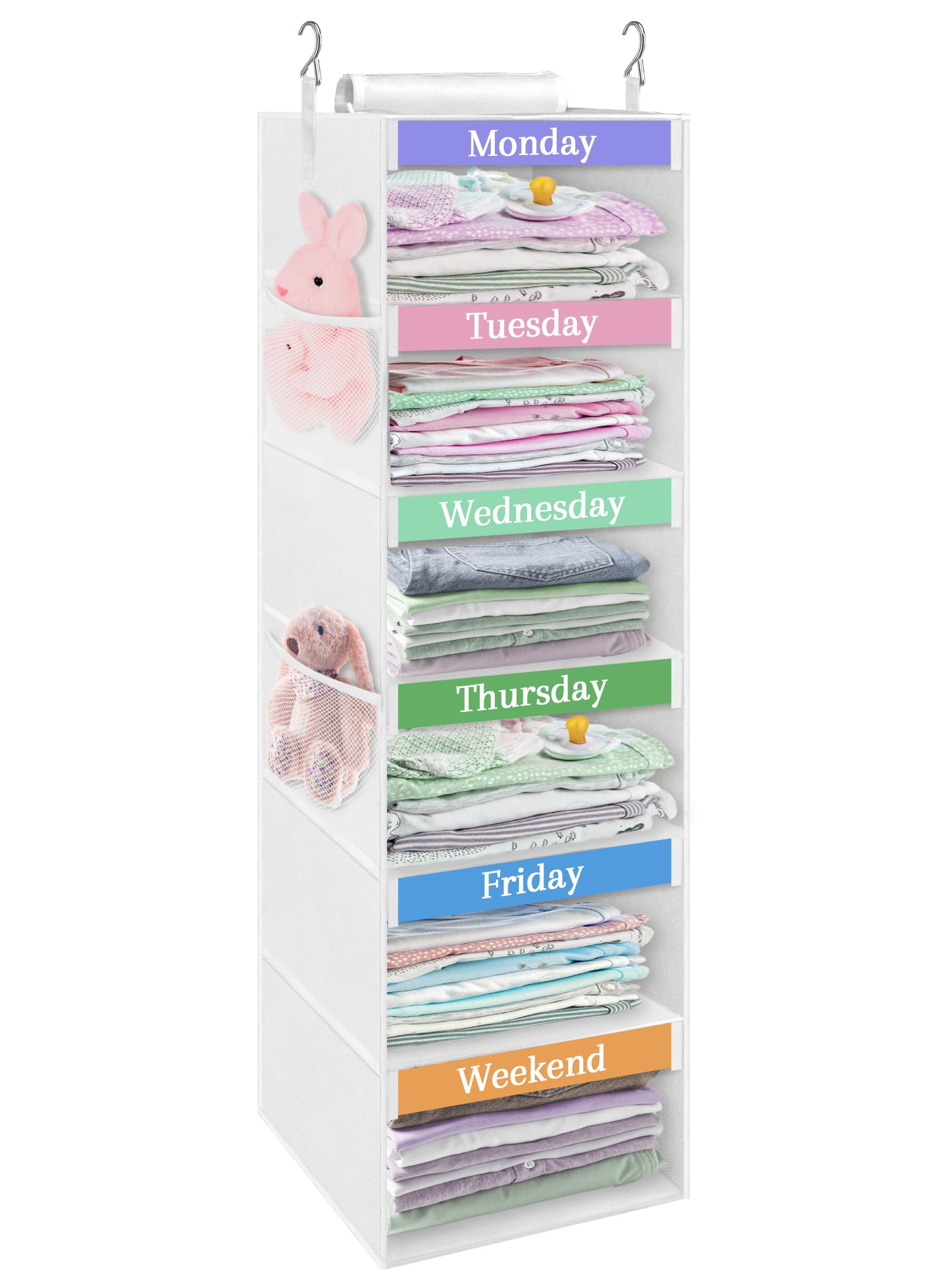 punemi Weekly Clothes Organizer for Kids, 6-Shelf Hanging Closet Storage with Side Pockets, Days of The Week Design, 11.8" x 11.8" x 37.8", Perfect