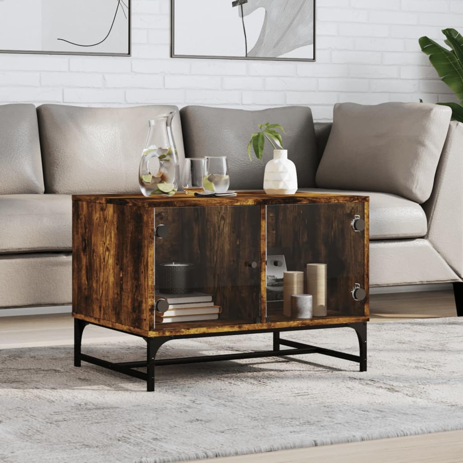 Homgoday Tavolino da caffè con ante in vetro rovere fumé 68,5 x 50 x 50 cm, tavolino da tè per soggiorno, sala d'accoglienza degli ospiti, camera da letto e ufficio