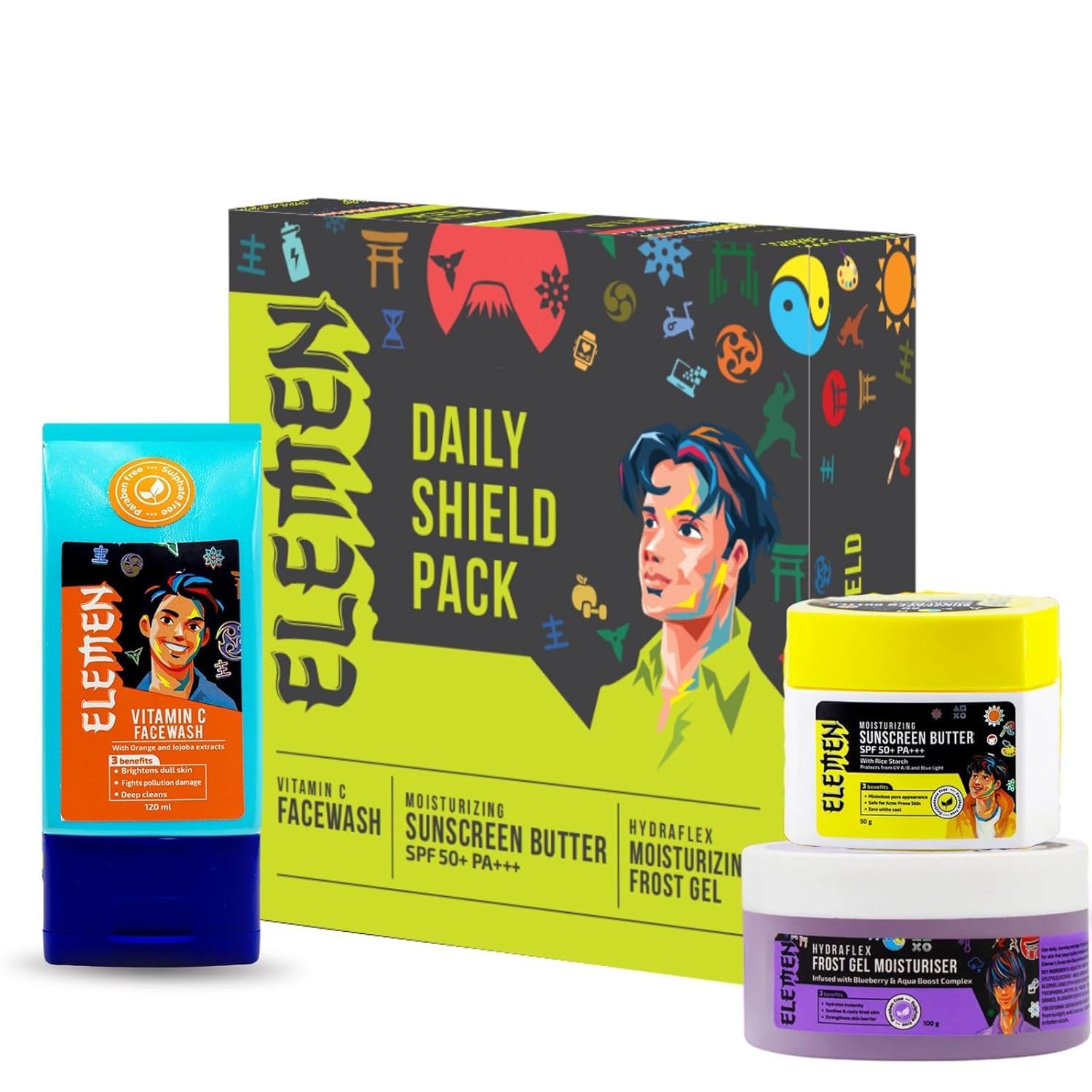 Elemen Daily Shield Pack of Facewash, Sunscreen & Moisturiser for Boys | Complete Protection against Pollution, Sun Burn & Tan | All Skin Type | Hydrates | Protects Skin Barrier | De - tanning | SPF 50 +++