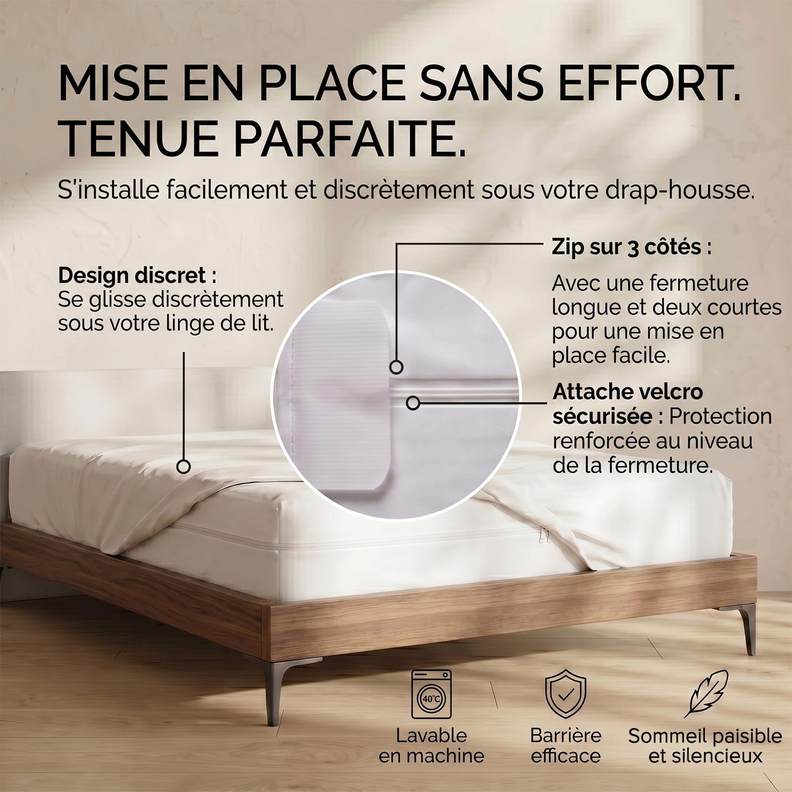 HOMESCAPES Housse de Matelas 160x200 cm avec Fermeture éclair - Protège Matelas imperméable hypoallergénique, Anti acariens et Lavable en Machine - Bonnet 40 cm
