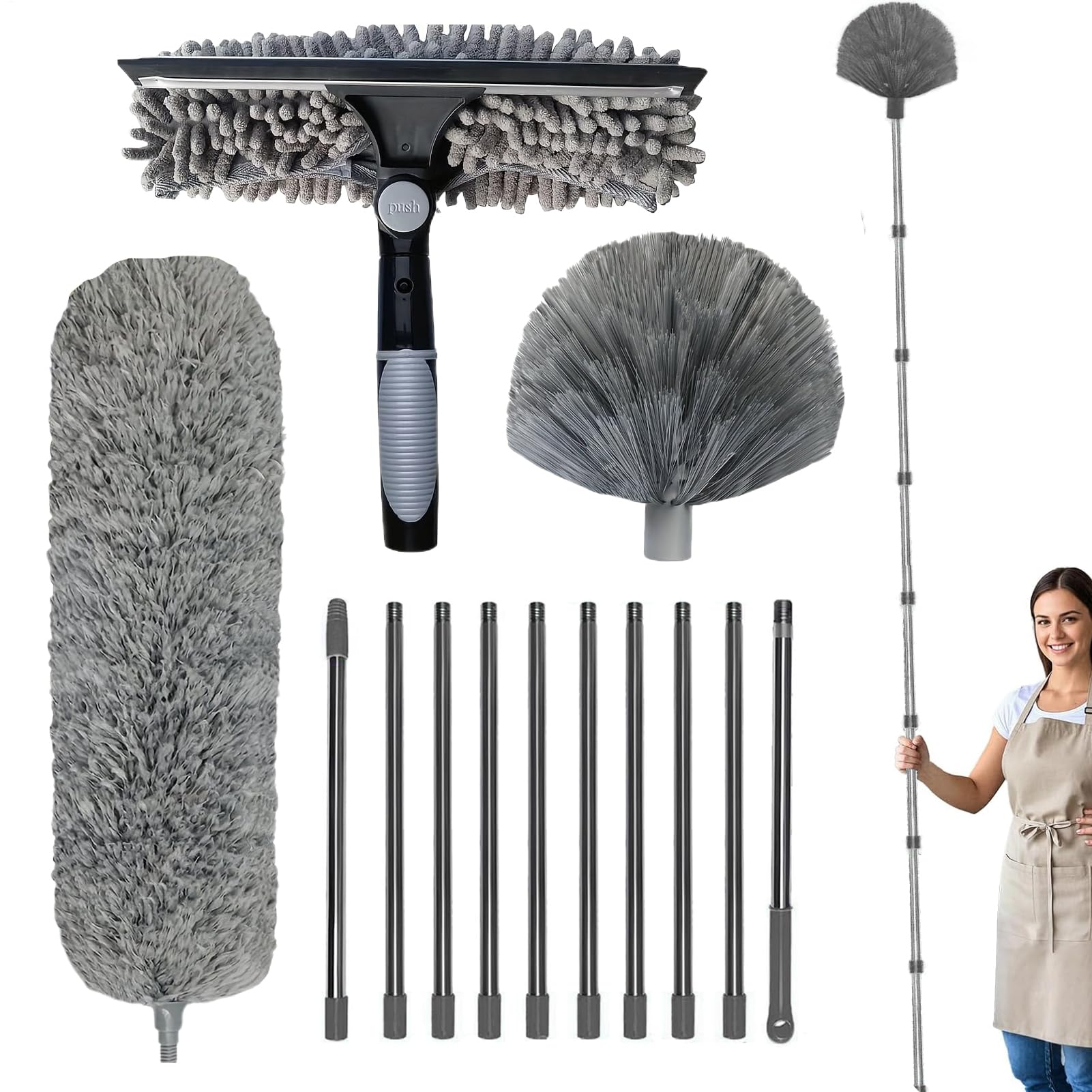 Spolverino Alto Pulizia Multifunzione Ergonomico | Pulitore Ragnatele A Manico Lungo Set Pulizia Per Ventilatore Soffitto, Finestre, Pareti, Mensole E Asta Telescopica