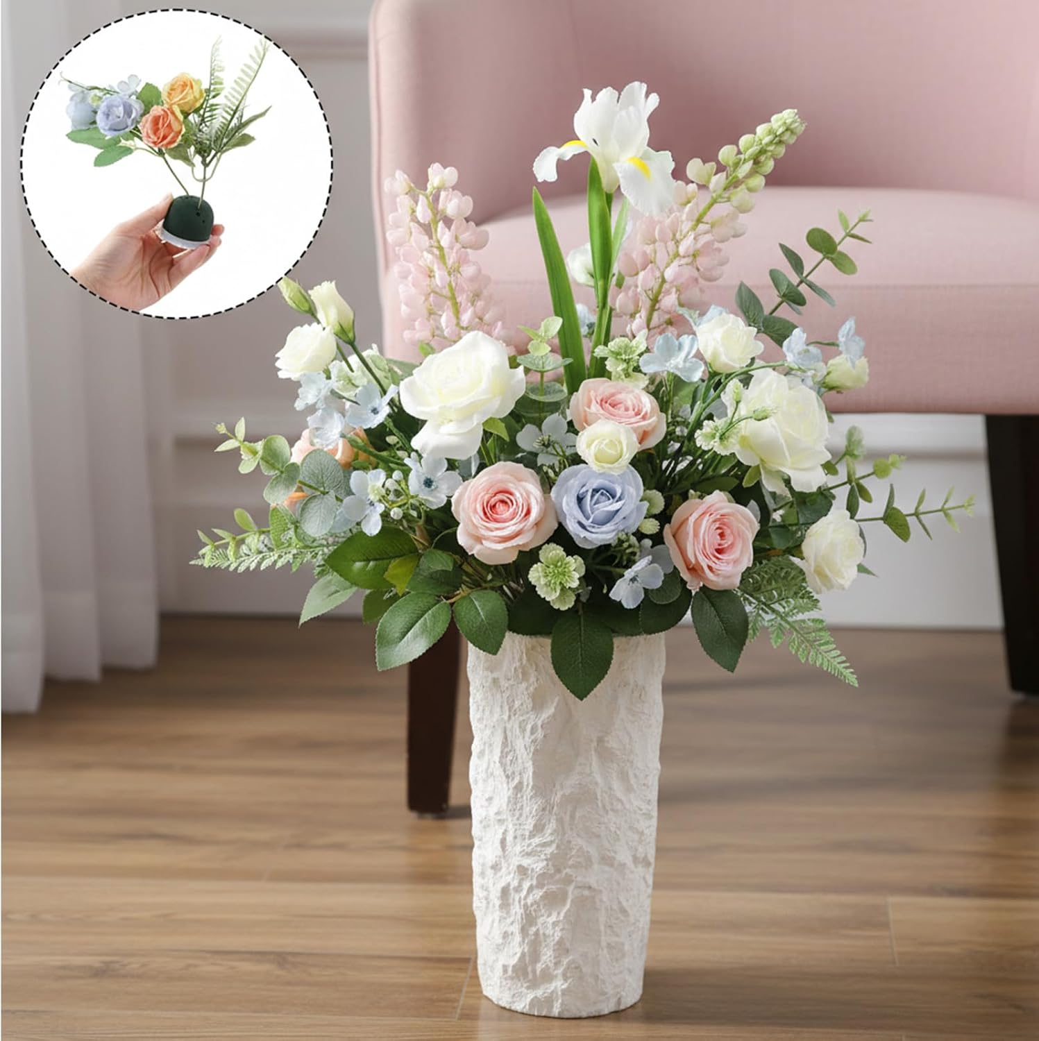 24 Pcs Mini Round Floral Foam Holders Green Flower Arrangement Foam Blocks with Adhesive Backing and Floral Wire for Wedding, Table Centerpieces, Wine Bottle Decor, DIY Flower Arrangements