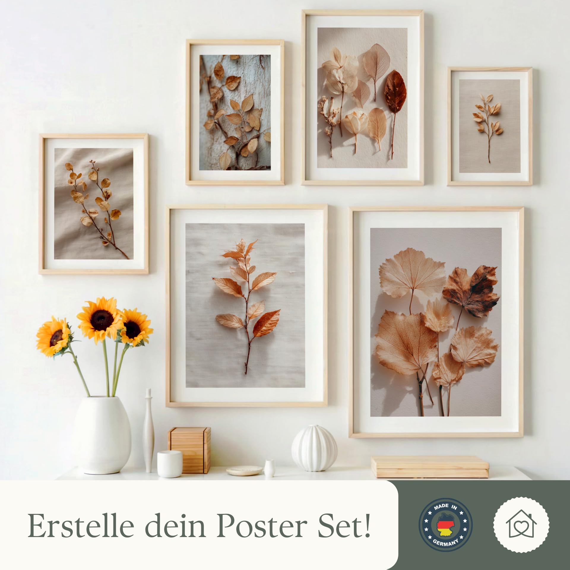 MJ-GRAPHICS® Herbstblätter Poster Wandbild Natur Fine Art Boho Skandi Stil Deko für Flur oder Wohnzimmer – A2 Poster mit Rahmen Holz Natur