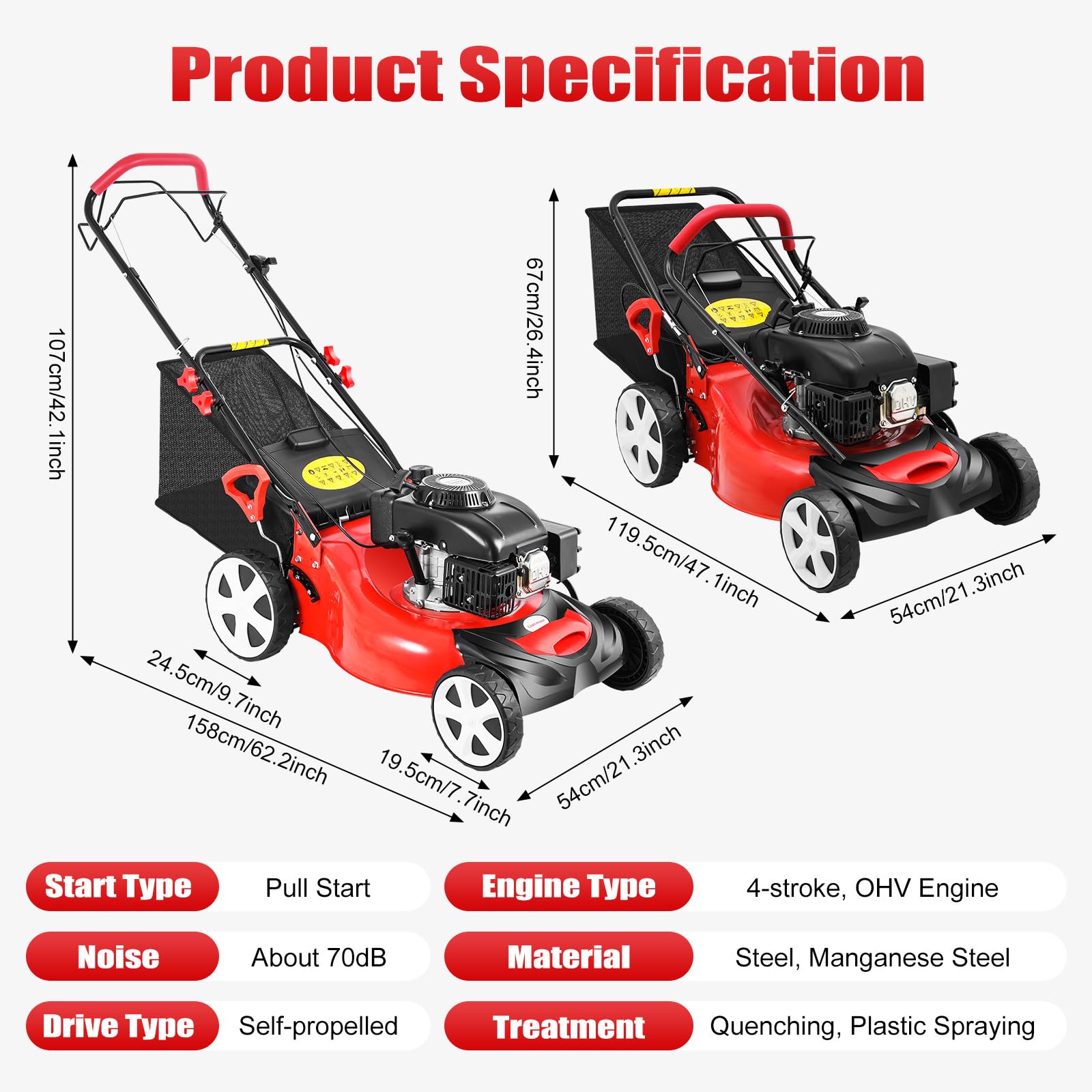 Cortacésped de gasolina, tracción a ruedas, función de mantillo, potente motor de 5 CV con 140 cc, ancho de corte de 51 cm, cesta de 60 l, cortadora de gasolina, mulcher