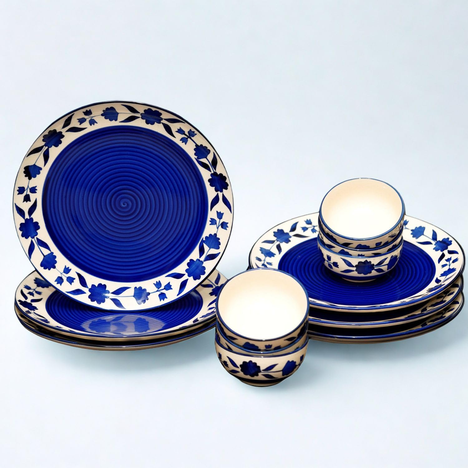 Yourowndcor Handcrafted Ceramic Blue Floral 12 Pieces Dinner Set - 6 Full Plate 10 inch, 6 Serving Bowls 4 inch| Microwave Safe, Freezer Safe, Dishware Safe (Blue)