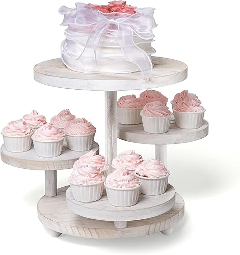 Yangbaga Soporte redondo de 4 niveles para magdalenas, soporte de madera para tartas con bandeja escalonada para decoración de baby shower,