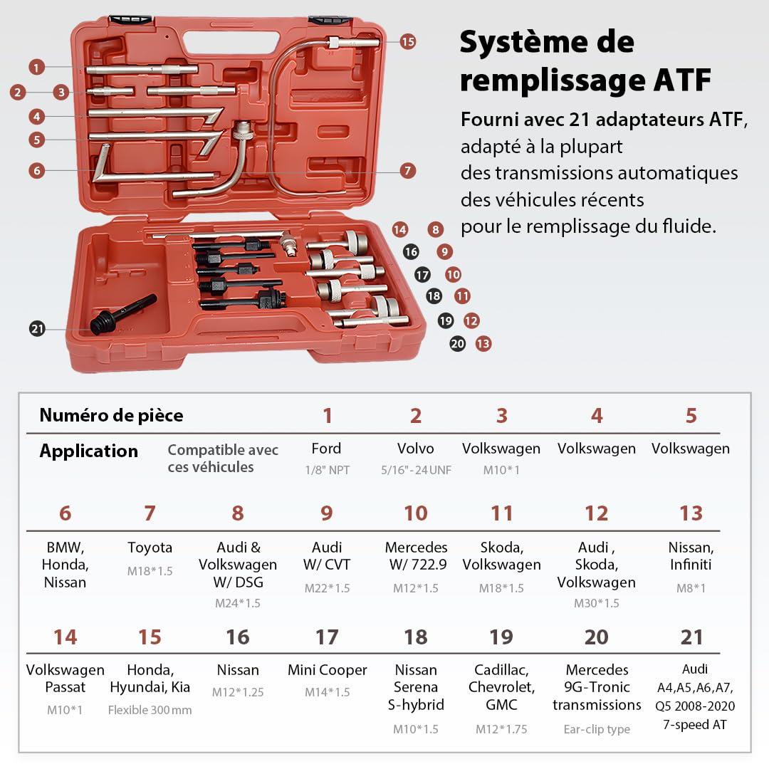 FIRSTINFO Pompe de Remplissage d'Huile de Transmission ATF 12,5 L, Kit Pneumatique et Manuel avec 21 Adaptateurs pour Boîtes Automatiques A1139HNEU