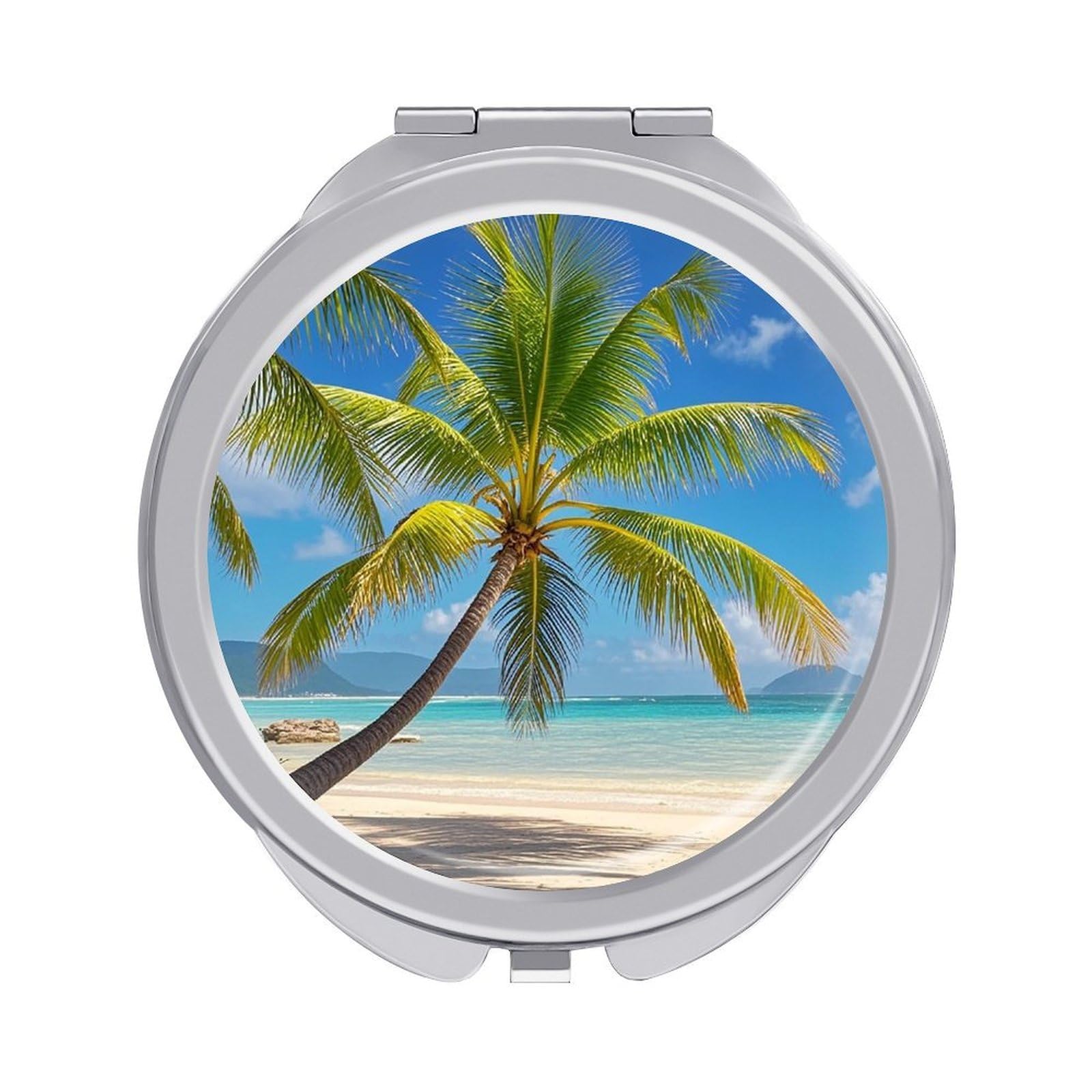 FekiLoot Tropical Palm Tree Travel Makeup Mirror for Women Folding Portable Hand Compact Mirrors Small Round Vanity Mirror 1X/2X Magnifying Metal Pocket Makeup Mirrors
